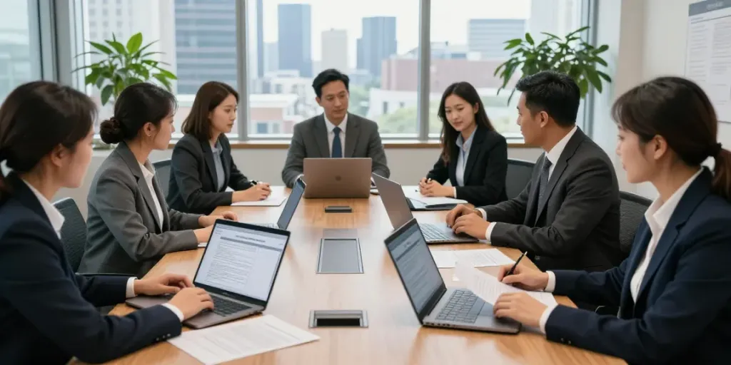 Find immigration attorney consultation scene with diverse legal professionals discussing cases.