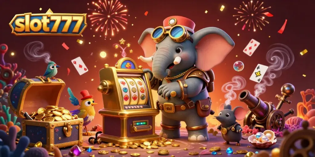 Engage with slot777's vibrant 3D steampunk casino scene featuring animated characters and rich gameplay elements.