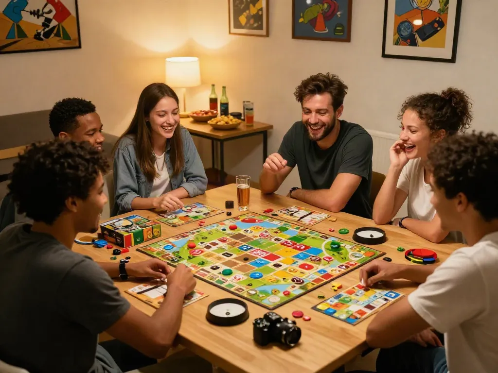 Sildenafil board games night with friends, joyful atmosphere and popular game pieces.