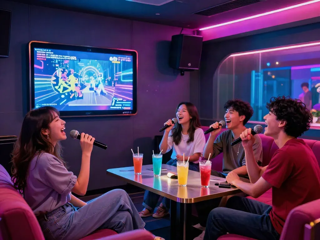 강남 달토에서 즐거운 노래를 부르는 친구들, 화려한 조명과 편안한 소파가 있는 룸에서 즐거운 분위기를 전합니다.
