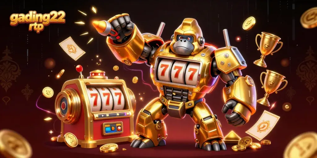 Experience thrilling action with gading22 rtp featuring a golden gorilla mech and dynamic casino game elements.