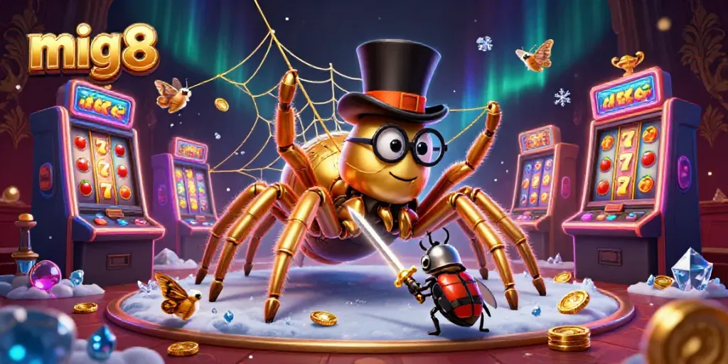 Experience excitement at mig8 with a cartoon golden tarantula weaving cash-filled web amidst vibrant slot machines and playful beetle knight