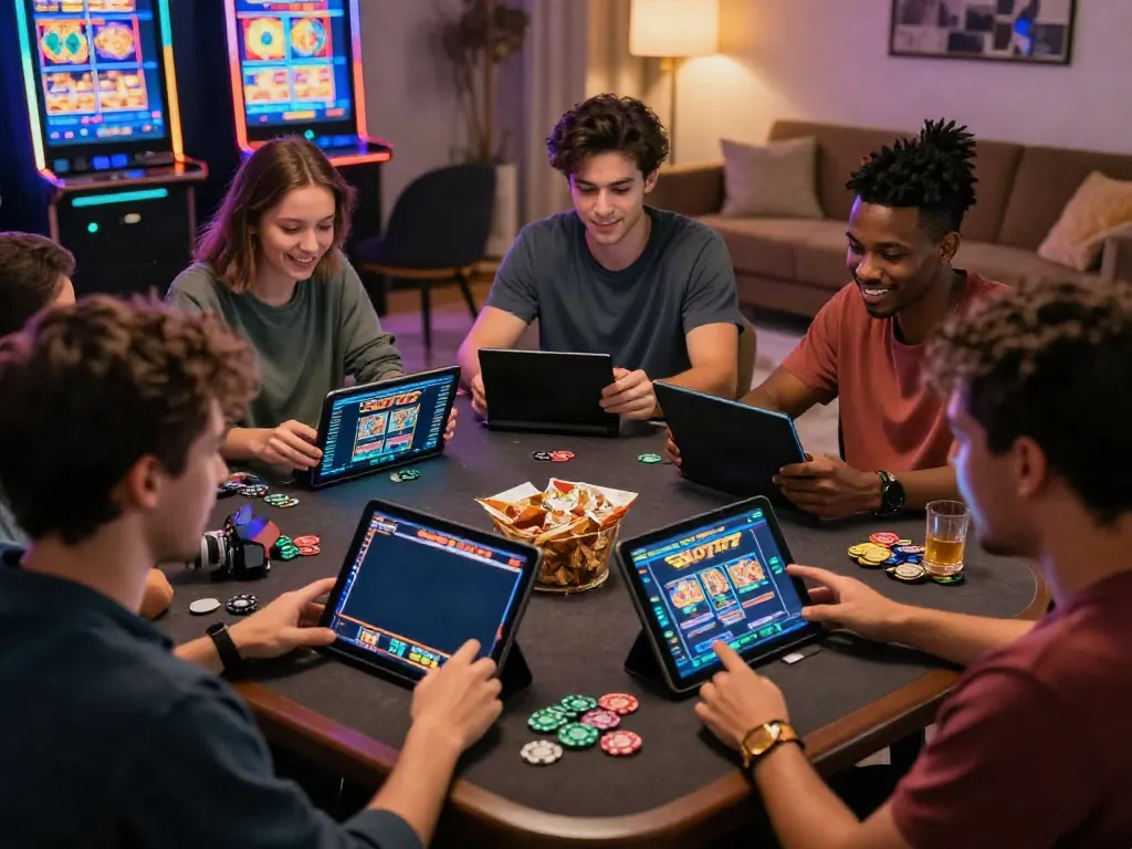 Engaging group playing link slot777 in cozy home setting, showcasing excitement and connection.