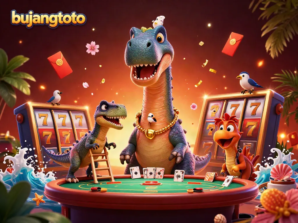Experience the vibrant bujangtoto casino scene with a towering brontosaurus and dynamic game elements.