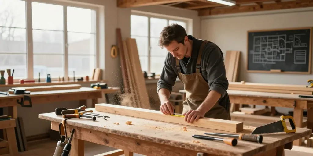 Expert carpenter engaging in carpentry services Sydney, measuring timber in a well-equipped workshop.