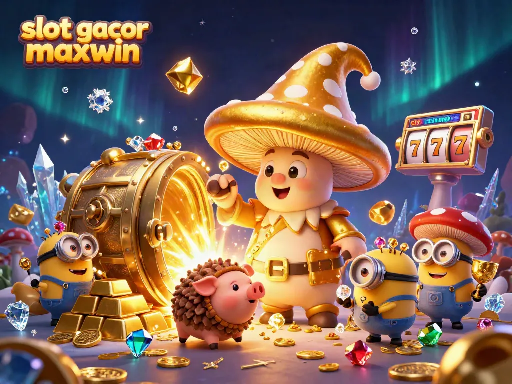 Spin to win with slot gacor maxwin in this vibrant illustration featuring magical golden treasures and game elements.