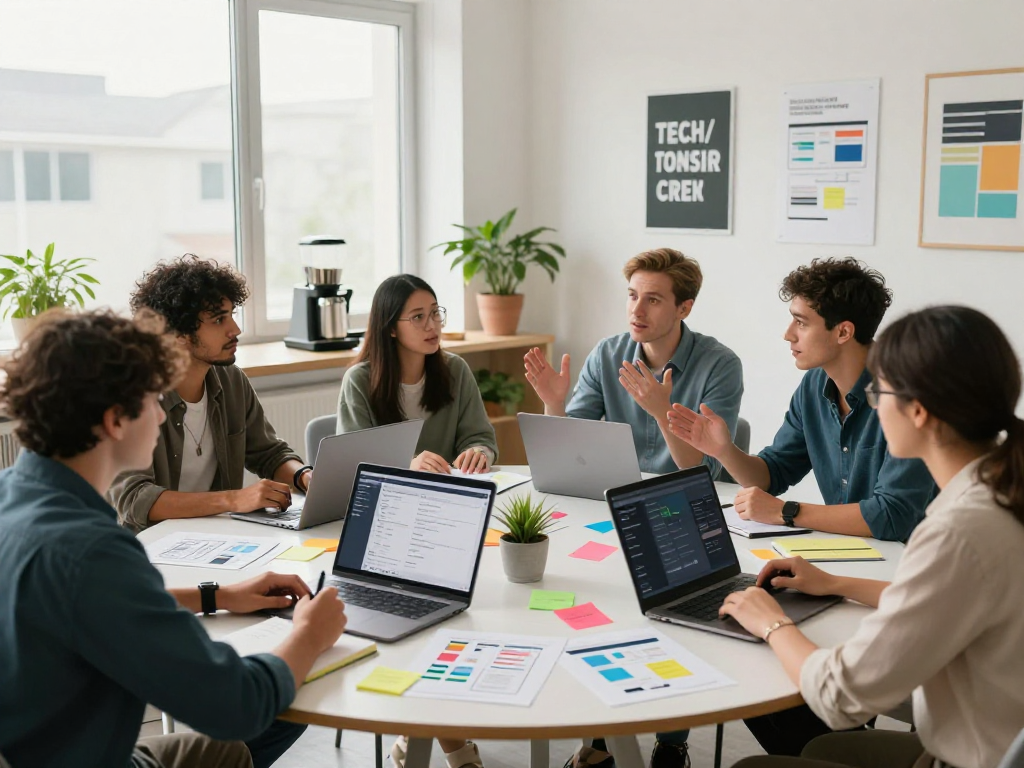 Team of developers collaborating on an AI software aggregator in a modern workspace.