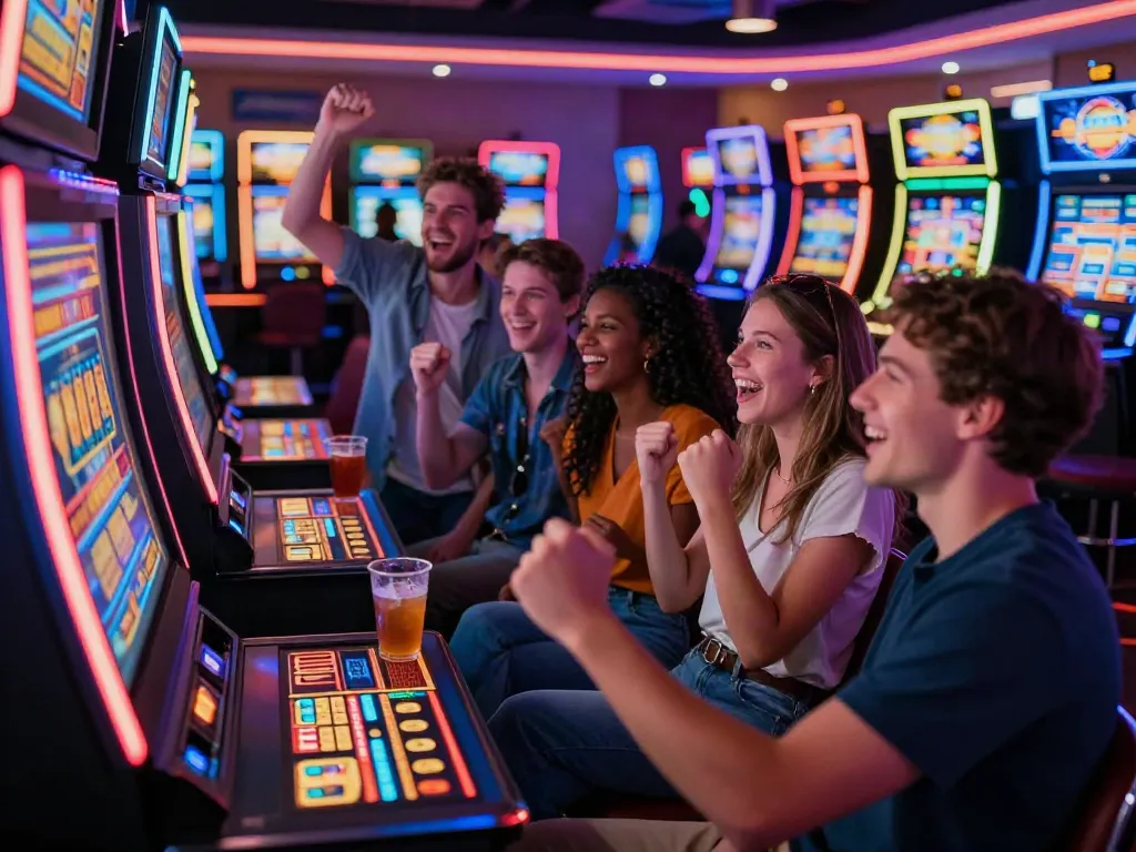 Friends enjoying สล็อต games together at a vibrant casino, celebrating wins.
