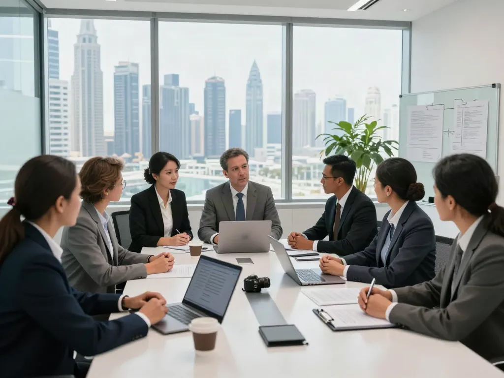 Banking Dispute Resolution in Dubai consultation scene in a modern office with professionals engaged in discussion.