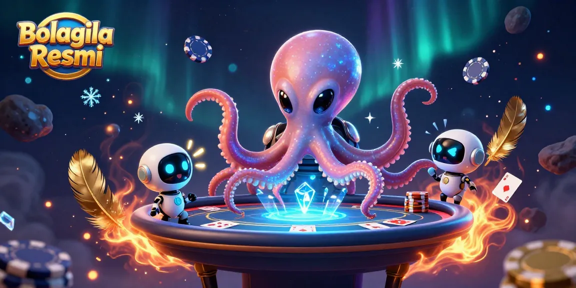 Engage with Bolagila Resmi through a vibrant poker scene featuring a whimsical alien and stunning cosmic elements.